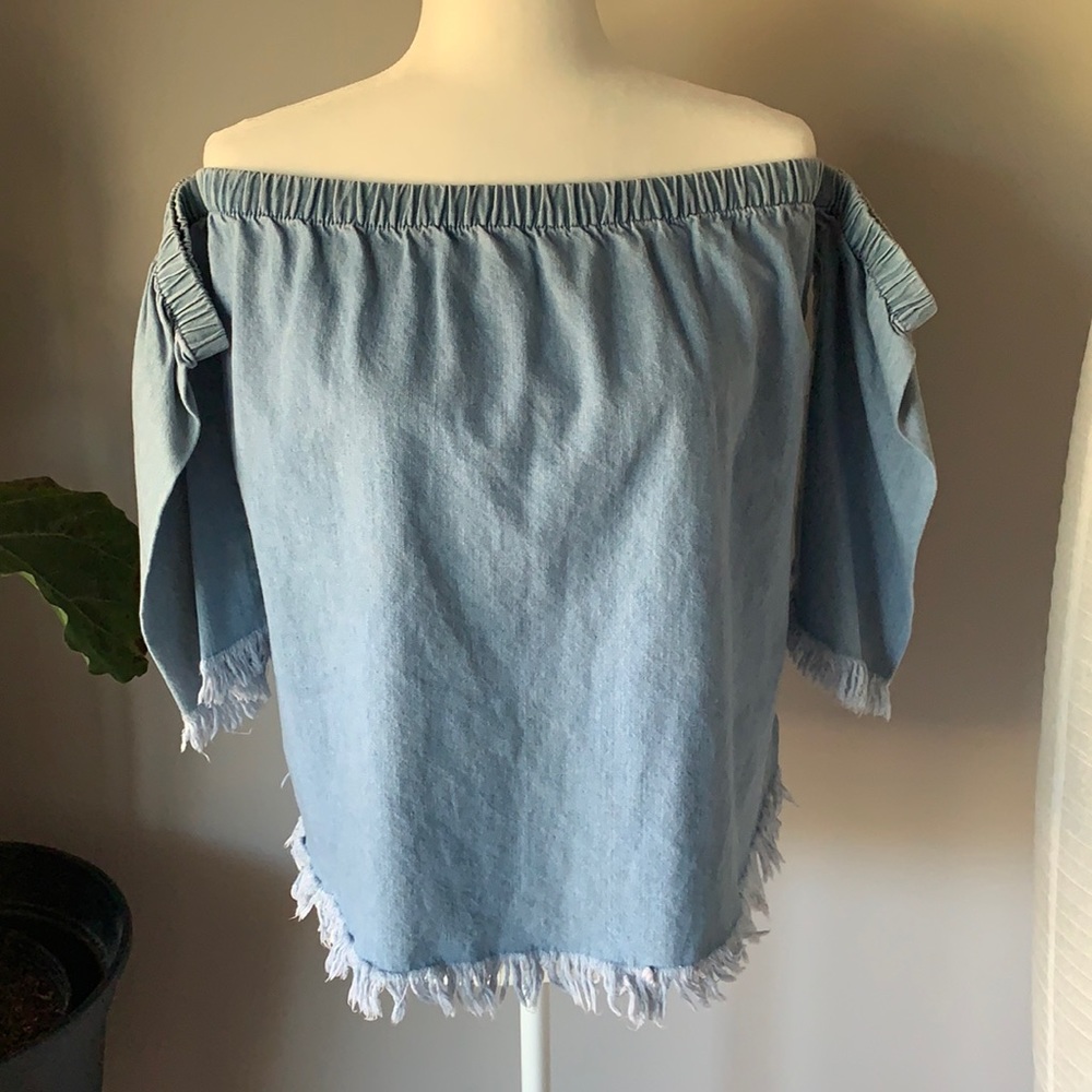 Sweet Wanderer Light Blue Off-Shoulder Fringe Top